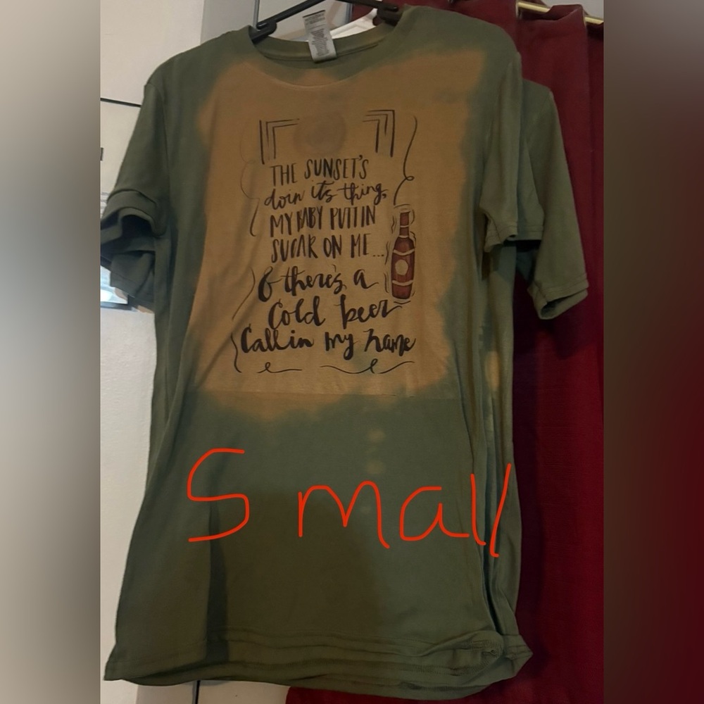 Graphic Tee with Sunset & Beer Illustration - Olive Green